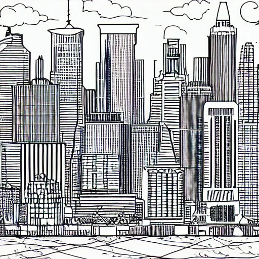 Prompt: a cityscape skyline during a sunset, colouring - in sheet