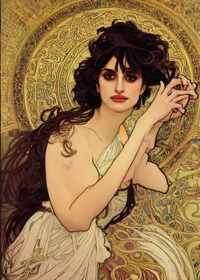 Image similar to portrait of penelope cruz, artwork by alphonse mucha