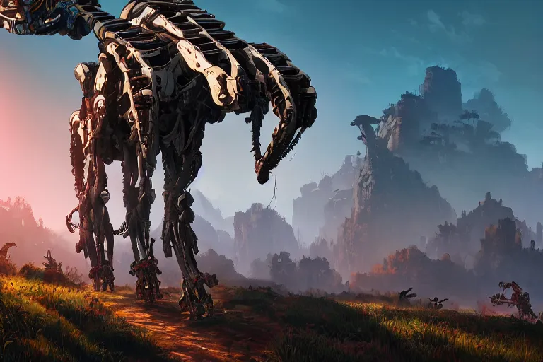 Image similar to tallneck machine mecanical creature robot of horizon forbidden west horizon zero dawn bioluminiscence global illumination ray tracing hdr fanart arstation by ian pesty and alena aenami artworks in 4 k