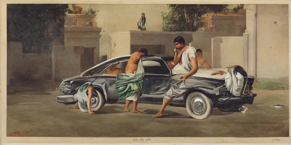 Image similar to man washing his car in the style of raja ravi verma