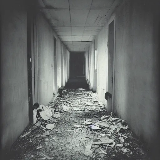 Image similar to Photograph of an abandoned 1940s long hallway with Samara from the movie the ring, dark, no lights, moist, taken using a film camera with 35mm expired film, bright camera flash enabled, award winning photograph, creepy, liminal space