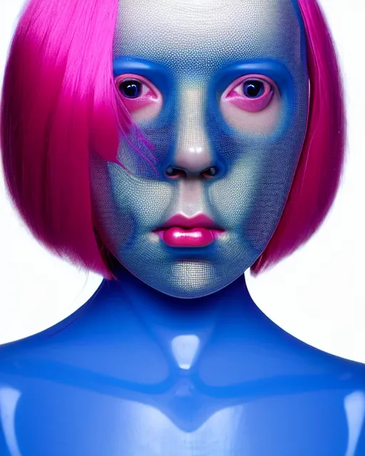 Image similar to symmetrical close - up portrait of a woman wearing a translucent silicone beauty mask and pink hair, wearing a black bodysuit by alexander mcqueen, blue background, soft diffused light, biotechnology, humanoide robot, bjork aesthetic, translucent, by rineke dijkstra, intricate details, highly detailed, masterpiece,