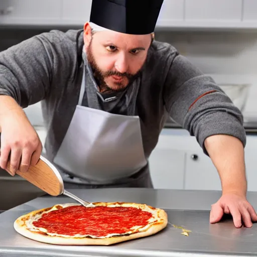 Prompt: photo of an eagle with a little chef hat stretching a pizza dough into a base with its talons