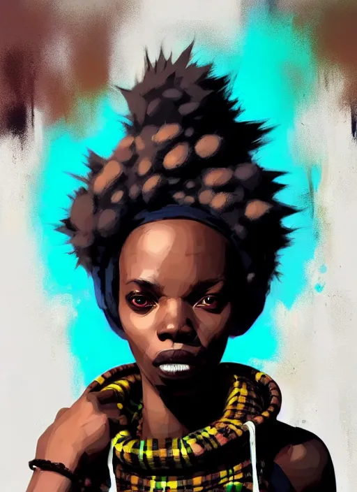 Image similar to highly detailed portrait of a sewer punk african lady, tartan hoody, white afro hair by atey ghailan, by greg rutkowski, by greg tocchini, by james gilleard, by joe fenton, by kaethe butcher, gradient cyan, brown, blonde cream and white color scheme, grunge aesthetic!!! ( ( graffiti tag wall background ) )