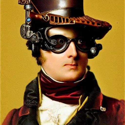 Prompt: napoleon wearing big steampunk googles, photo by gustave baumann