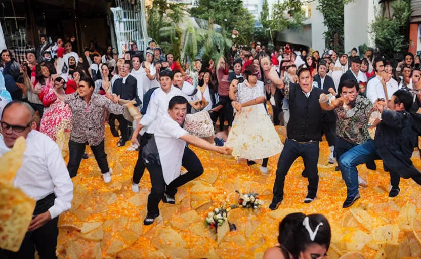 Prompt: a crowd of mexicans dancing around giant Nachos in a wedding,