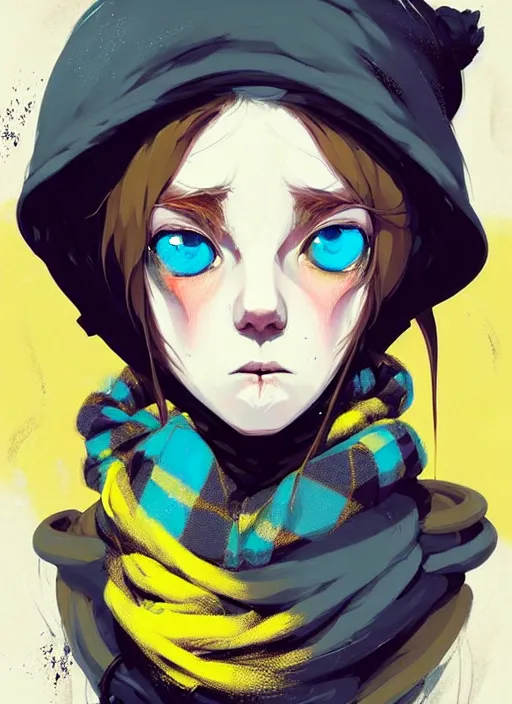 Image similar to highly detailed portrait of a sewer punk lady student, blue eyes, tartan hoodie and scarf, white hair by atey ghailan, by greg rutkowski, by greg tocchini, by james gilleard, by joe fenton, by kaethe butcher, gradient yellow, black, brown and pink color scheme, grunge aesthetic!!! ( ( graffiti tag wall background ) )