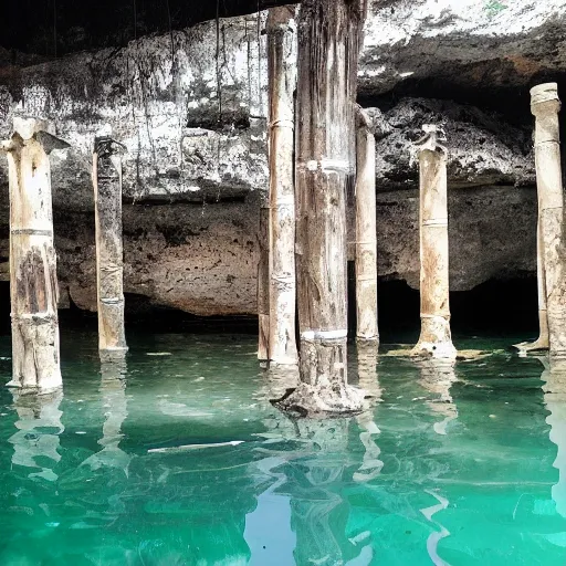 Prompt: cenotes with geometric hexagonal altar made of bones in the water