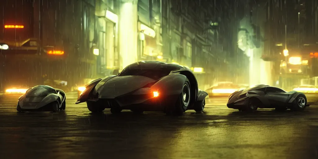 Prompt: cinematic movie scene, beautiful Product shot film still of a Syd Mead futuristic clunky battle-armored automobile with bright headlights on a wet street at night in cyperpunk city, motion, hard surface modeling, volumetric soft lighting, style of Stanley Kubrick cinematography, 8k H 768