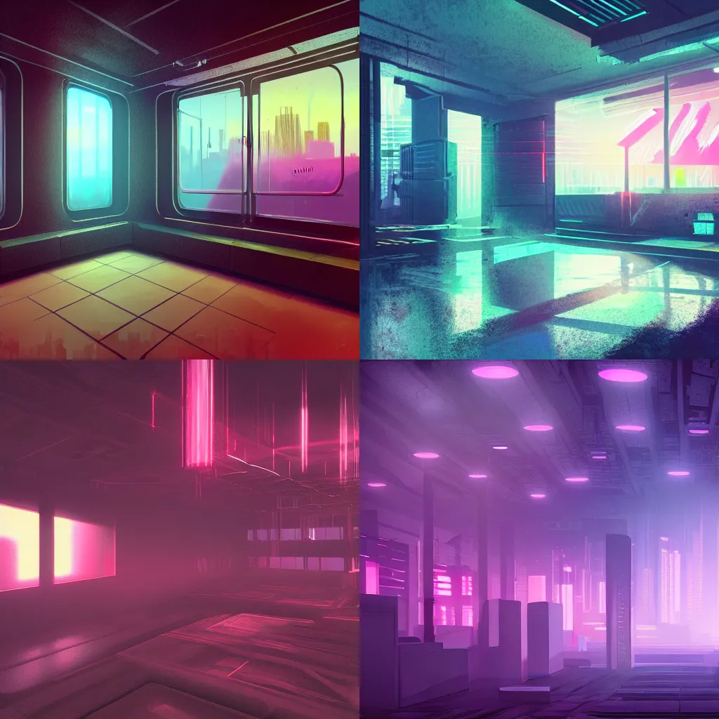 Prompt: interior environment with abstract paintings, interior environment in the style of john di maio, johndimaio, volumetric sunlight, fog, in a synthwave cyberpunk neon city