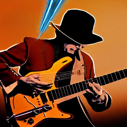 Prompt: a Stevie Ray Vaughn guitarist playing so intensely there is electricity shooting out from his guitar, energy beams under his finger tips, and magic sparkles from the freboard, amazing ditial art, trending on artstation, featured on deviantart