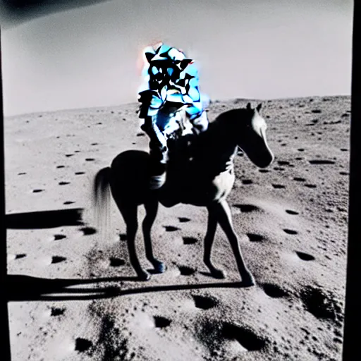 Image similar to old photo of an astronaut on his suited horse, photo taken on the moon