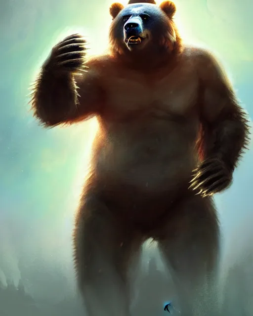 Image similar to Laughing Bear Musician, magic the gathering artwork, D&D, fantasy, cinematic lighting, centered, symmetrical, highly detailed, digital painting, artstation, concept art, smooth, sharp focus, illustration, volumetric lighting, epic Composition, 8k, art by Akihiko Yoshida and Greg Rutkowski and Craig Mullins, oil painting, cgsociety