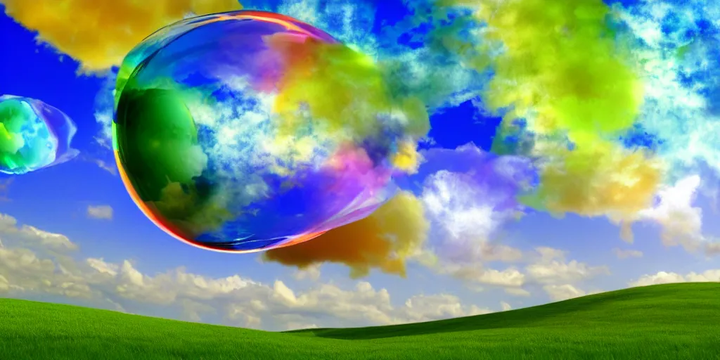 Image similar to a highly detailed 4 k photograph of the windows xp bliss wallpaper inside of a giant floating soap bubble, abstract, award winning photoshop creation h 5 7 6