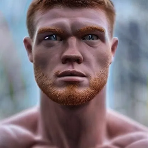 Image similar to “a realistic detailed photo of a guy who is an attractive humanoid who is half robot and half humanoid, who is a male android, boxer Canelo Álvarez, shiny skin, posing like a statue, blank stare”