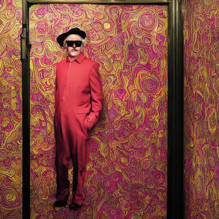 Prompt: vpgue octane render portrait by wayne barlow and carlo crivelli and glenn fabry, a sinister man in a bright colorful patterned pastel wes anderson elevator operator costume inside a dark and moody vintage elevator in a high - end exotic vintage boutique hotel, very short depth of field, bokeh