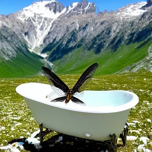 Image similar to dragonfly in a bathtub in the alps, goats!!!!!!!! in background