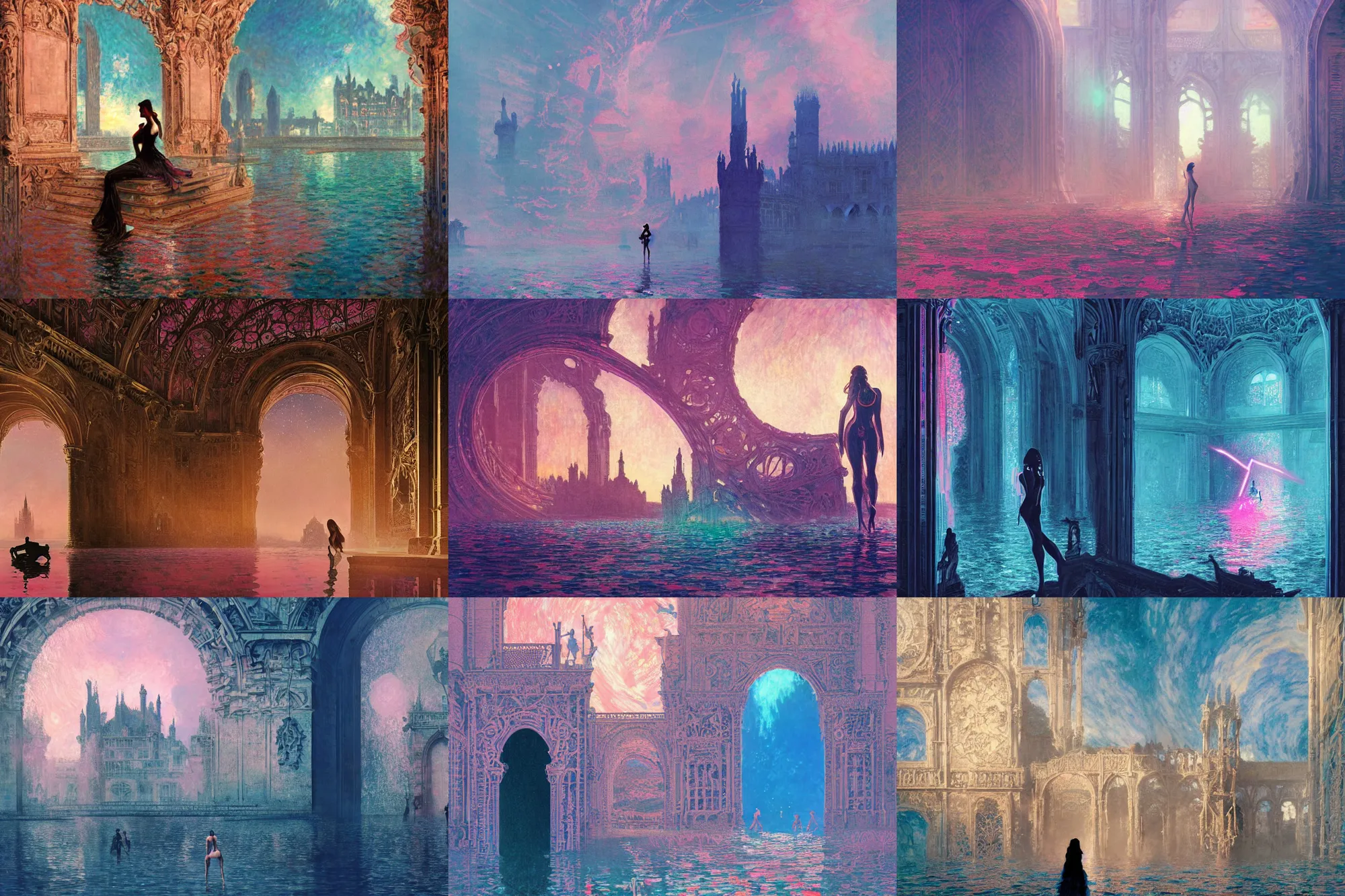 Prompt: silhouette of a sexy woman emerging from pink and royal blue water in cyberpunk theme looking at an opening interstellar portal to renaissance italy, the portal opens to chateau de chambord, intricate, elegant,, by greg rutkowski, claude monet, conrad roset, takato yomamoto, james jean, rule of thirds, seductive look, beautiful