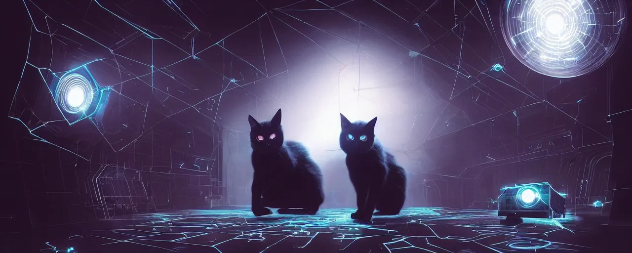 Image similar to duotone noir scifi concept illustrationt of black cat inside a quantum box glowing mesh portals, glowing eyes, octane render, surreal atmosphere, volumentric lighting. accidental renaissance. by sachin teng and sergey kolesov and ruan jia and heng z. graffiti art, scifi, fantasy, hyper detailed. trending on artstation