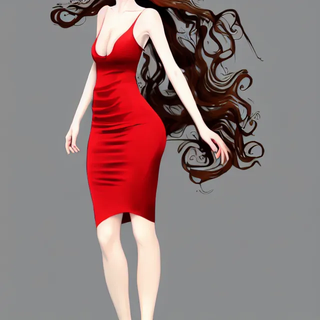 Prompt: professional digital art of a white incredibly !attractive! thin slightly curvy woman with light brown curly hair blue eyes, small smile, front view, standing in tight red dress, very attractive, beautiful face, impressive, Canon 40mm view, HD, 4k, well composed, best on artstation, cgsociety, epic, stunning, gorgeous, intricate detail, wow, masterpiece by Gil Elvgren and Dorian Cleavanger