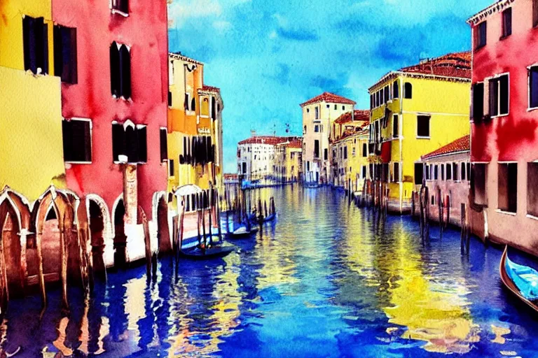 Prompt: !! watercolor!! venice in a sunny day, artwork by tooth wu, colorful contrast,!! very coherent!!, dark shadow, thick lineart