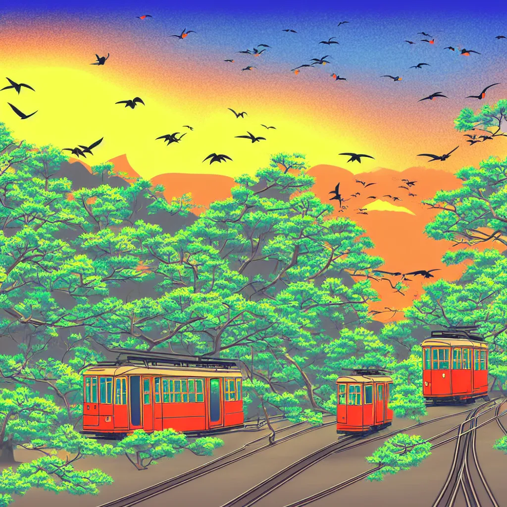 Image similar to japanese countryside landscape, tram, sunset, birds flying in the sky, hand drawn anime style