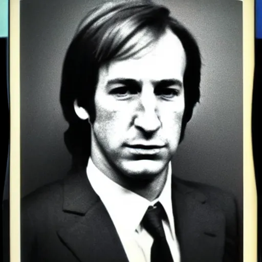 Prompt: Mugshot Portrait of Young Saul Goodman, taken in the 1970s, photo taken on a 1970s polaroid camera, grainy, real life, hyperrealistic, ultra realistic, realistic, highly detailed, epic, HD quality, 8k resolution, body and headshot, film still, front facing, front view, headshot and bodyshot, detailed face, very detailed face