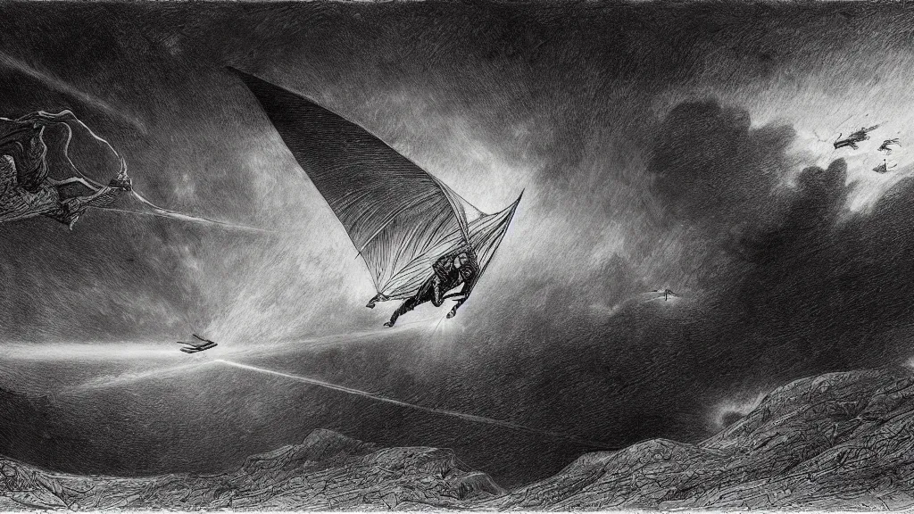 Prompt: drawing of an ornithopter flying toward a desert storm, by gustave dore, nineteenth century, black and white, vintage, science fiction, epic composition, dramatic lighting, highly detailed, cinematic, in the style of the movie dune