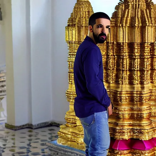 Prompt: photograph of drake the rapper, standing in a hindu kovil