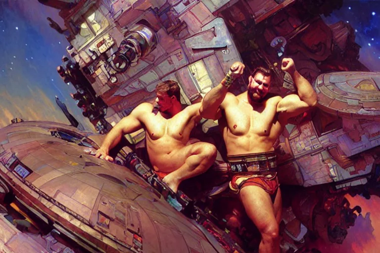 Prompt: beefy attractive men in spaceship, painting by gaston bussiere, craig mullins, greg rutkowski, alphonse mucha