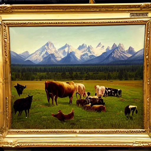 Image similar to an extremely detailed matte painting of a rancher feeding the animals at sunrise on the first day of spring, huge rocky mountains in the background, tall rancher wearing a cowboy hat, dogs, cows, sheep, chickens, ducks, 4 k, ranch the morning after a light snowfall, by bob ross and norman rockwell