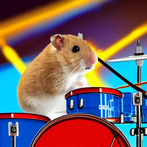 Image similar to a hamster playing drums on a stage in a small club, red and blue stagelights, photorealistic