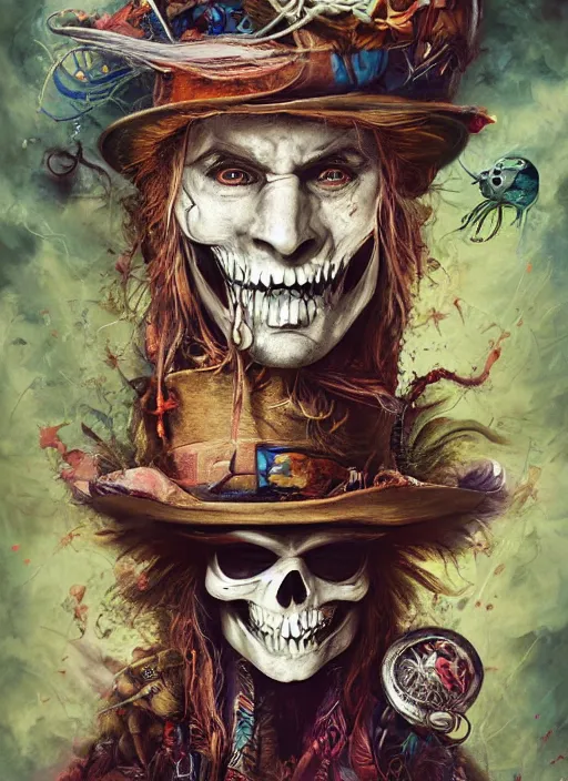 Image similar to mad hatter, polynesian god, half skull half face, highly detailed, cinematic, 8 k, by megan duncanson, benjamin lacombe, adrian borda, stanley artgermm, tom bagshaw, craig mullins, carne griffiths, ayami kojima, beksinski, giger, trending on deviantart, hyper detailed, horror, full of colour