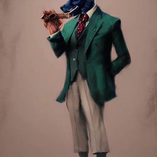 Image similar to award winning character art commission of an anthro furry humanoid goat smoking a cigar, three piece suit, character concept design, painting, detailed, vivid, trending on artstation, art by greg rutkowski