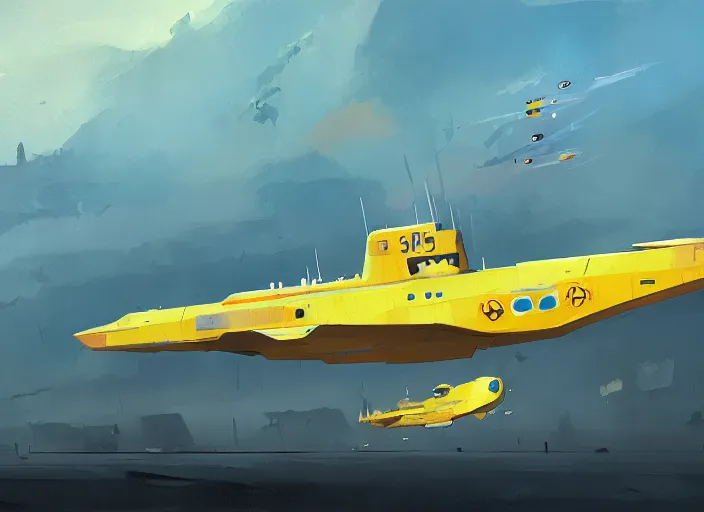 Prompt: a painting of a futuristic yellow submarine plane flying through the sky, concept art by Ian McQue, cgsociety, highly detailed, artstation, concept art, sci-fi