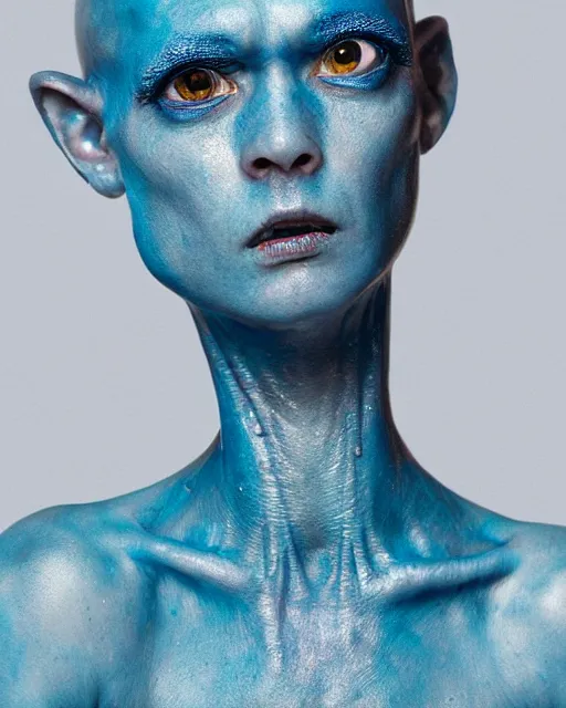 Image similar to blue amphibian alien girl, realistic photography,