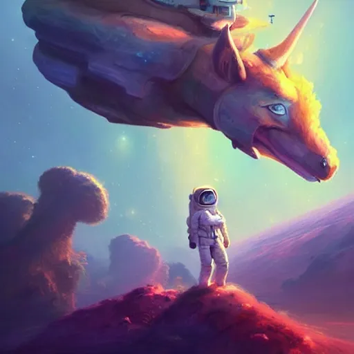 Prompt: Astronauts are riding some mythical animals, they are running on the surface of a planet with wacky wildlife, some planets and nebulas are as background, by Jordan Grimmer digital art, trending on Artstation,