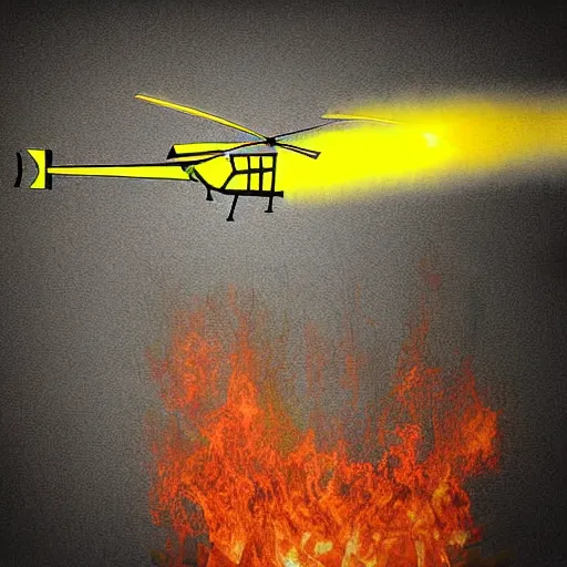 Prompt: helicopter on fire flies into the building, yellow colors, digital art