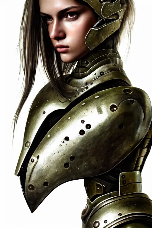 Image similar to a photorealistic painted portrait of an attractive young girl, partially clothed in metal-plated battle armor, olive skin, long dark hair, flawless skin, beautiful bone structure, symmetric facial features, perfect photorealistic eyes, natural physique, intricate, elegant, digital painting, concept art, finely detailed, beautifully illustrated, sharp focus, minimal artifacts, from Metal Gear, by Ruan Jia and Mandy Jurgens and Artgerm and William-Adolphe Bouguerea, in the style of Greg Rutkowski, trending on Artstation, award winning art