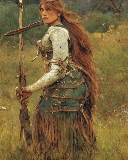 Prompt: a beautiful and strong female warrior by Boris Valejo and Laura Sava and Jules Bastien-Lepage