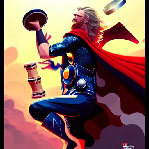 Image similar to thor playing the bongos, comic style by guweiz and stanley artgerm, extremely high quality artwork, very detailed, trending on artstation