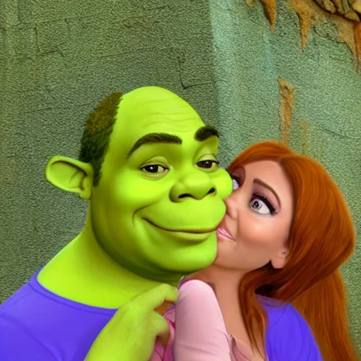 Image similar to shrek kissing jenifer lopez, realistic