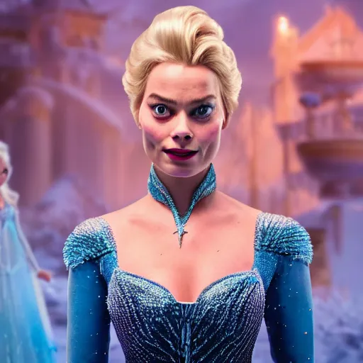 Image similar to Margot Robbie as Elsa in disney frozen live action, 8k full HD photo, cinematic lighting, anatomically correct, oscar award winning, action filled, correct eye placement,