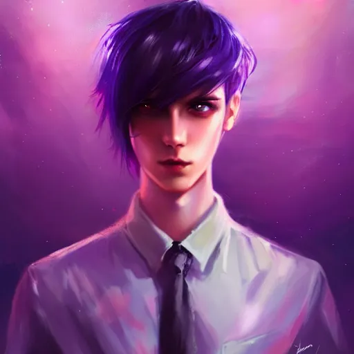 Image similar to colorful and festive captivating teenager boy with straight purple hair, purple eyes with red eye markers, slim body, wearing japanese combat clothes. rich vivid colors, ambient lighting, dynamic lighting, 4 k, atmospheric lighting, painted, intricate, highly detailed by charlie bowater