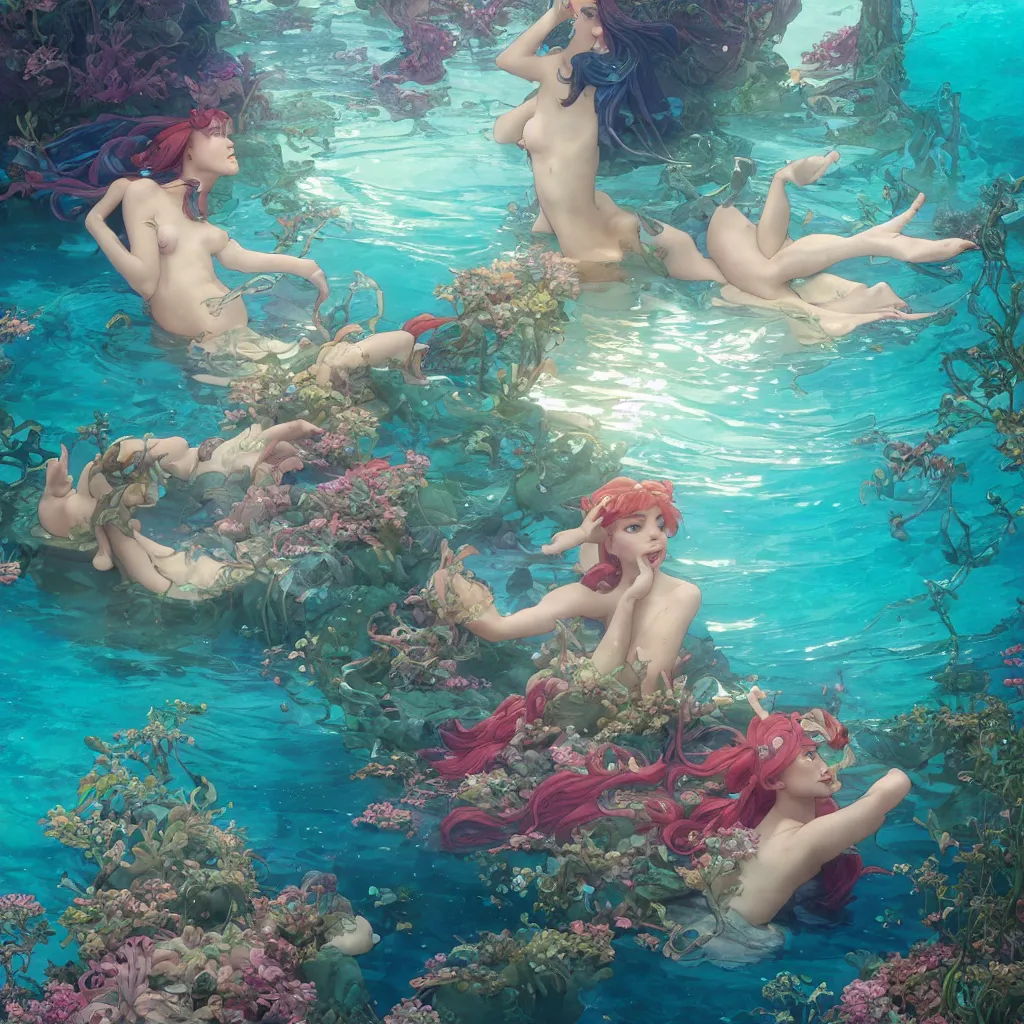 Prompt: the little mermaid singing in the colorful ocean, correct human body and perspective, pearls and shells, fantasy art by ferdinand knab, makoto shinkai and ilya kuvshinov, rossdraws, tom bagshaw, alphonse mucha, trending onstudio ghibli, radiant light, highly detailed, octane render, 8 k