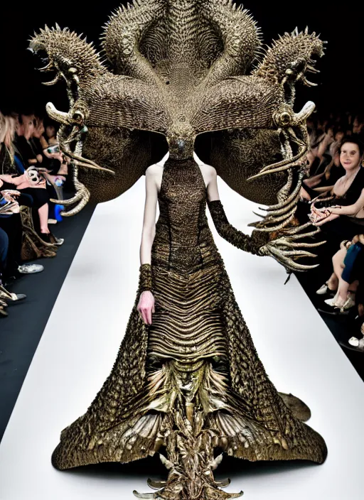 Prompt: walking down the catwalk, tim walker, show, stage, vogue photo, podium, fashion show photo, historical baroque dress dark, iris van herpen, beautiful woman, masterpiece, intricate, biopunk, vogue, full body shot, plant predator, guyver, highly detailed