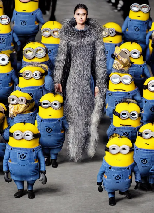 Image similar to hyperrealistic and heavy detailed moncler runway show of minions, leica sl 2 5 0 mm, vivid color, high quality, high textured, real life