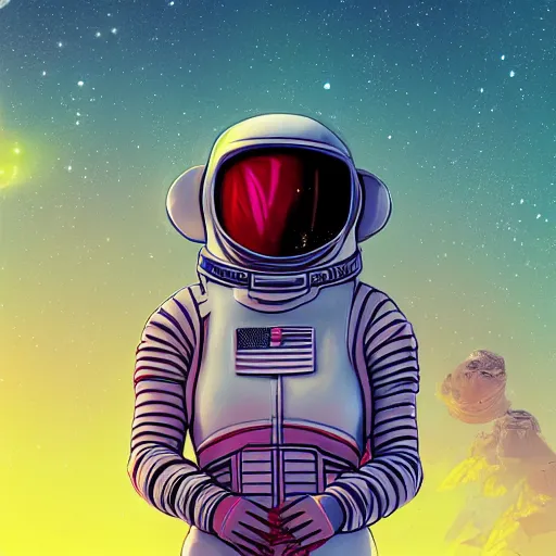 Prompt: [ athletic astronaut woman ]! walking with swag toward a [ camera on mars in a realm of infinite universes ]!, synthwave! art style, digital art, cgsociety contest winner, trending on [ artstation ]!, 4 k, intricate, award winning, [ symmetrical ]!