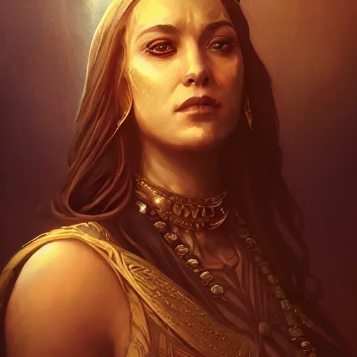 Image similar to Gracious Isis priestess portrait, atmospheric lighting, painted, intricate, volumetric lighting, beautiful, rich deep colors masterpiece, golden hour, sharp focus, ultra detailed, by Leesha Hannigan, Ross Tran, Thierry Doizon, Kai Carpenter,Ignacio Fernández Ríos