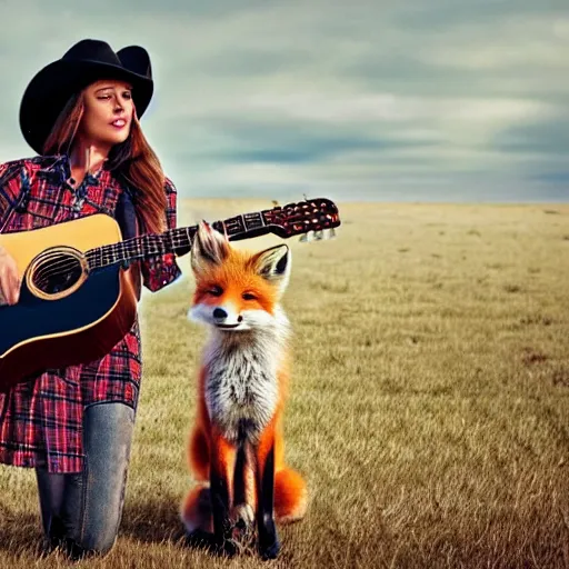 Image similar to a female fox animal, wearing cowboy hat, wearing plaid shirt, playing guitar, inside a barn, album cover style